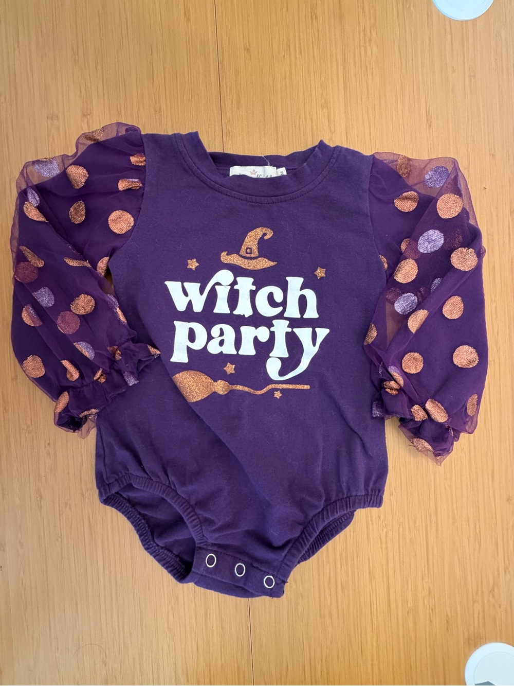 Purple 'Witch Party' Baby One-Piece Romper with Sheer Dot Sleeves